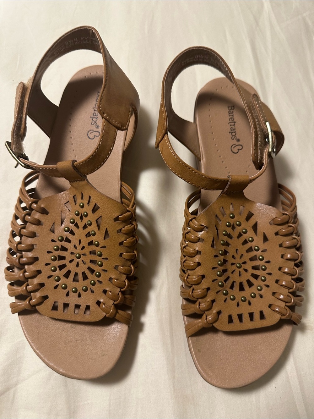 BareTraps Women's Cognac Braided Laser-Cut Ankle Strap Sandals Size 8.5M